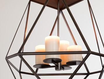 Glass Candle Inside Led Chandelier Lights , Wide Black Iron Cage Pendant Lamp