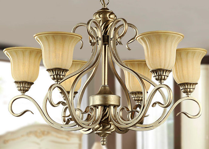 Silver / Gold Metal and Glass Vintage Wrought Iron Chandelier With Shades , 6 Light 600W E27