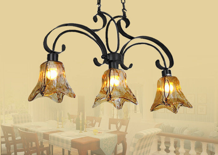 Amber Glass Shade Wrought Iron Chandelier Unique / Rustic / Retro Style 3 Light , E27 Base